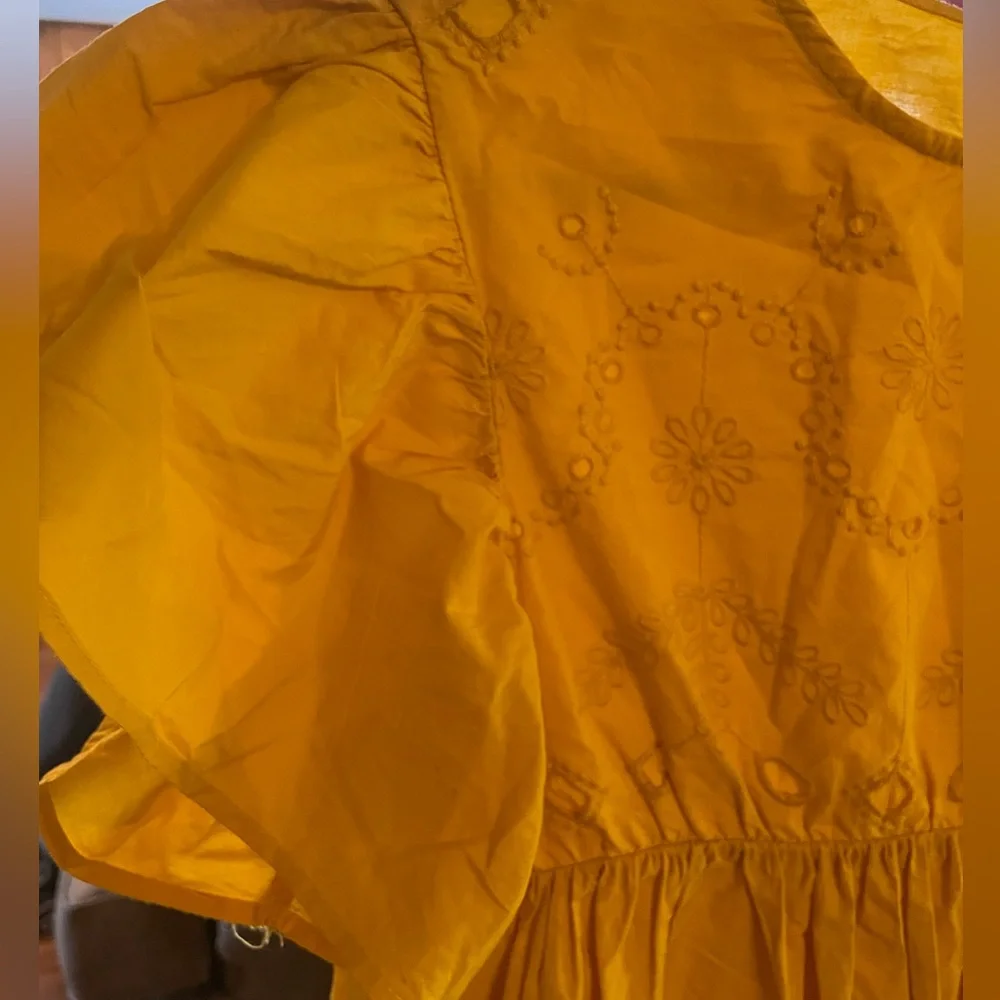 Zara Kids Yellow Embroidered Cotton Eyelet Dress Ruffle Sleeve Size 11-12 Boho